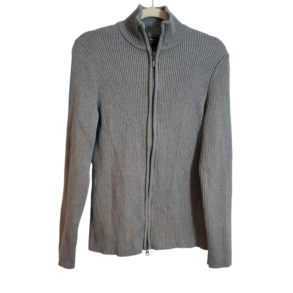 Eddie Bauer Womens Grey Ribbed Pima Cotton Full Zip Sweater Mock Neck Tall Large